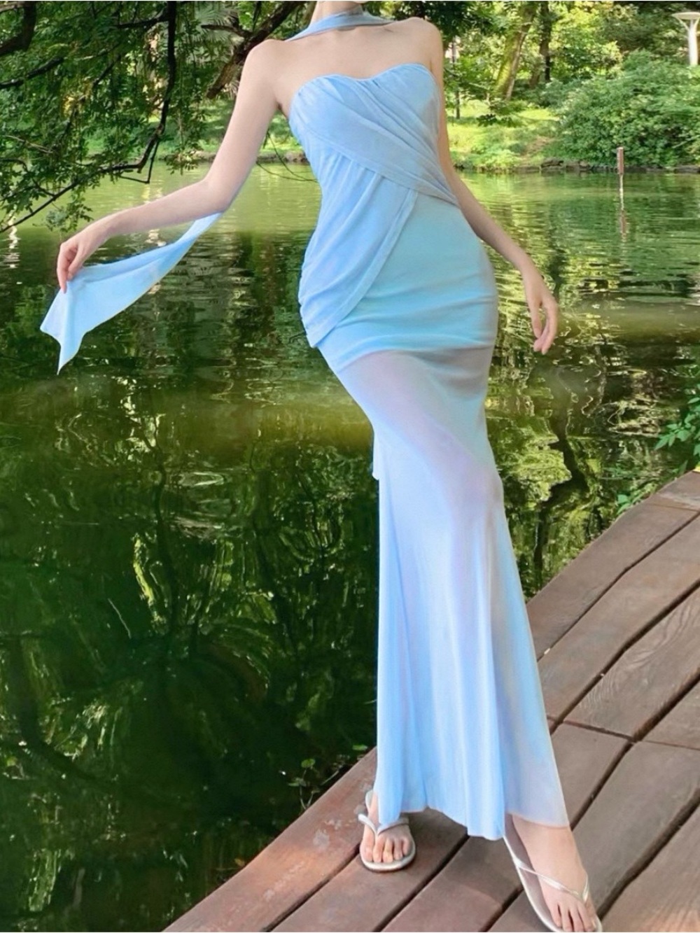 Elegant Strapless Light Blue Dress